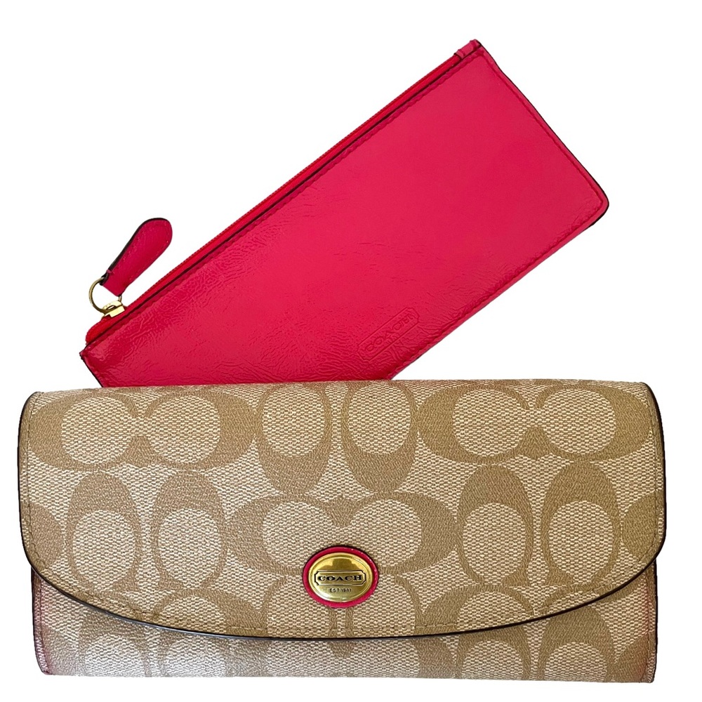 Coach Vintage Khaki/Tan Coated Canvas Wallet Clutch Pink Zippered Pouch - NWT